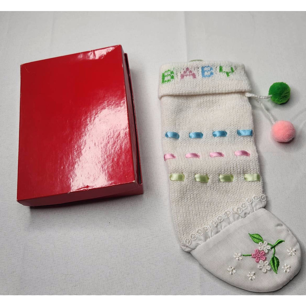 Vintage Kurt Adler White Multicolor Christmas Pom Pom Ribbon Lace Baby Stocking